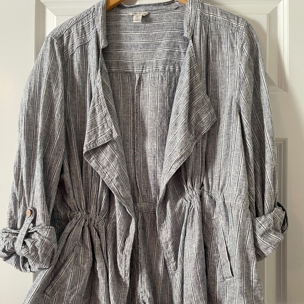 Pinstripe blue and white linen mix  jacket with adjustable waist, pockets.